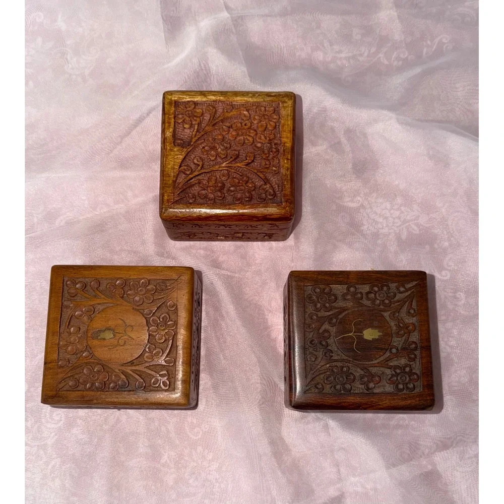 Set of 3 Vintage Hand Carved Wooden Trinket Boxes Floral Jewelry Keepsake Chests